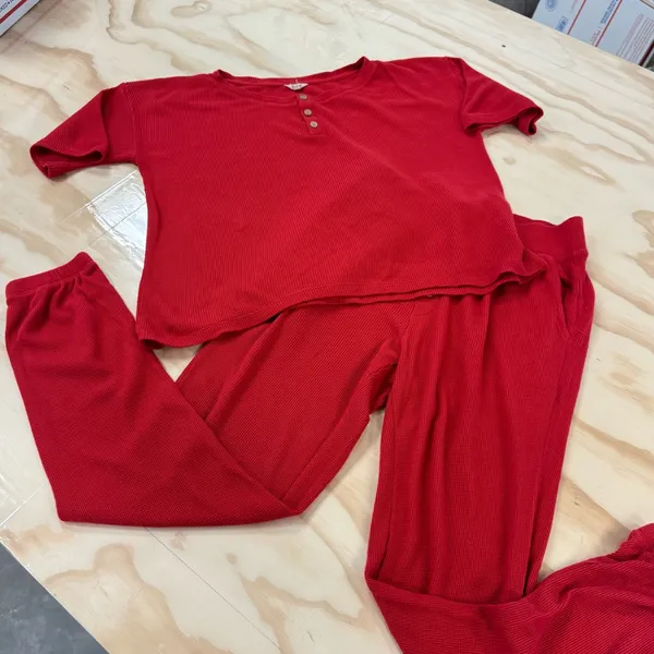 Eberjey Red Cozy Waffle Henley Short Sleeve Long Pants‎ Pajama PJ Set Red XS - Image 2