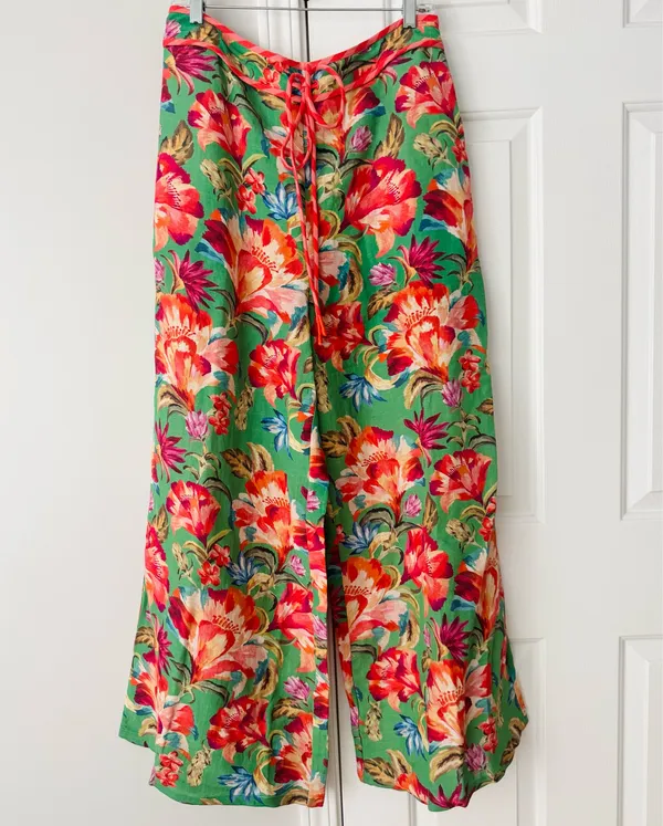 Farm Rio Tie-Front Linen Blend Floral Wide-Leg Pants, Size S - Image 5