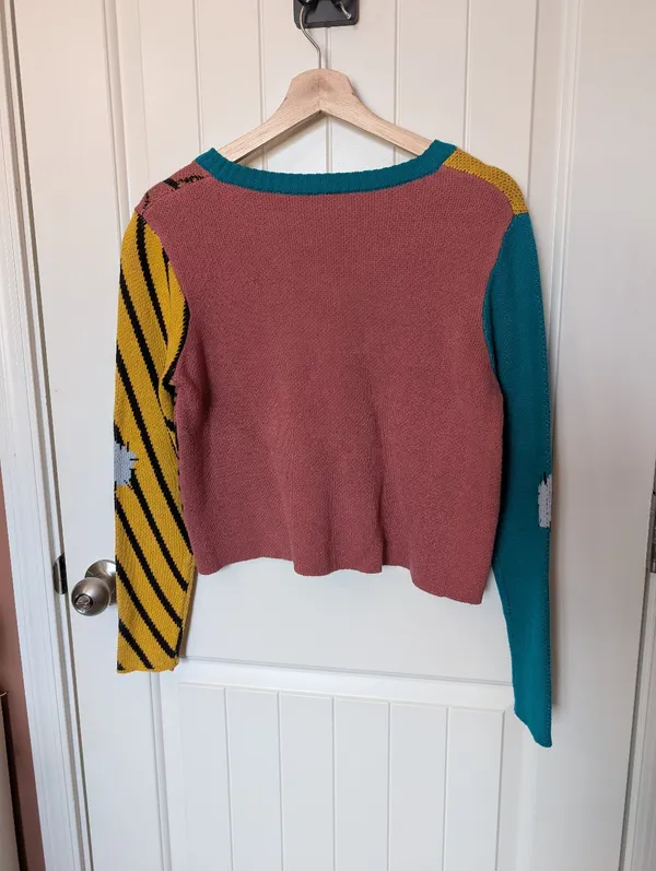 Nightmare Before Christmas Sally Cropped Knit Sweater Medium Blue/Yellow - Image 2