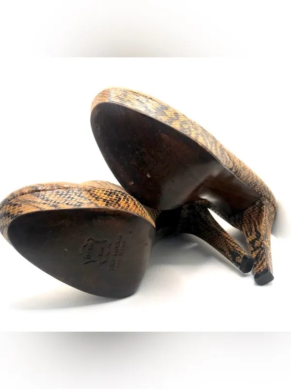 Stuart Weitzman Brown & Black Leather Animal Print Snakeskin Embossed Heels (9) - Image 7