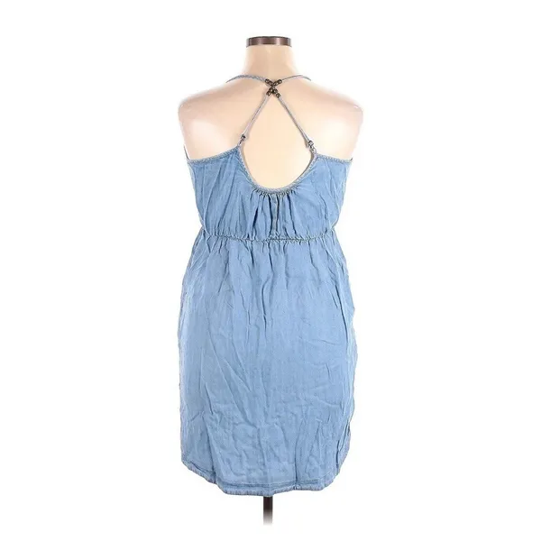 Maurices Light Wash Chambray‎ Halter Dress Beaded T-Back Empire Waist Blue Large - Image 2