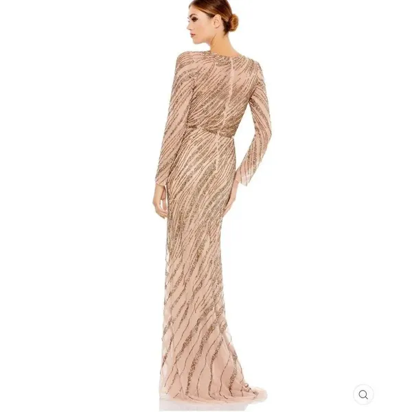 Mac Duggal 5240 Womens Long Sleeve Beaded Column Gown Dress Mocha - Image 8