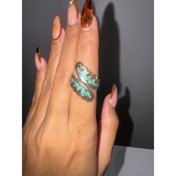 Sterling Silver Native American Navajo 925 Turquoise & Coral Inlay Wrap Ring Lb - Image 11