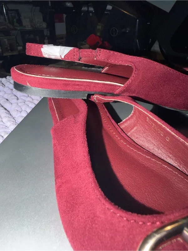 Berness Claudean Pointed Toe Slingback Flats in rich burgundy red suede finish - Image 8