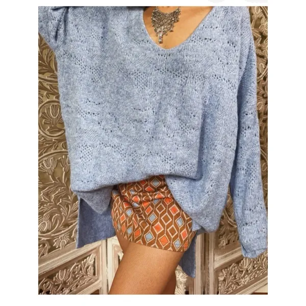 Free People C.O.Z.Y. Pointelle Knit Sweater Sz‎ XS S oversized blue - Image 2