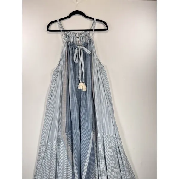 Free People Maxi Dress Blue Paradise and Back Striped Tasseled Flowy Boho Small - Image 7