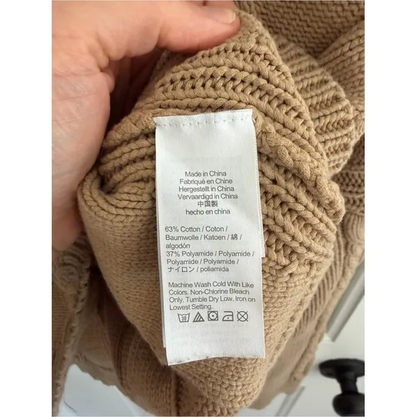 J.Crew V-Neck Cable Knit Sweater‎ Desert Camel Cotton Blend Large - Image 4