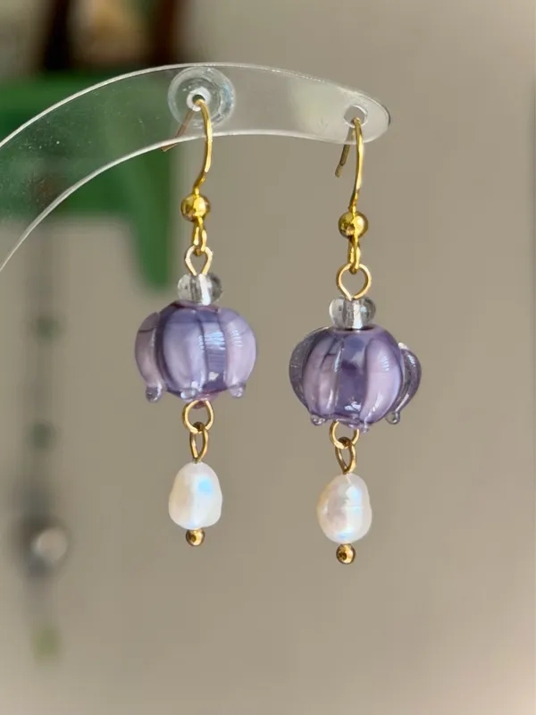 Lilly of the valley mini purple flower fairy cottage dainty dangle earrings 💜 - Image 2