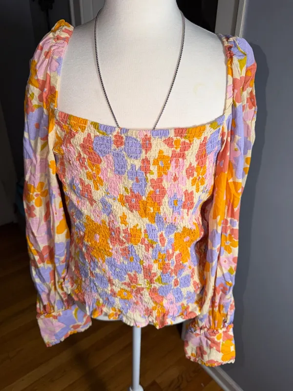 Free People 100% Cotton Floral Smocked Puff-Sleeve Top in Lavender & Orange - Image 4