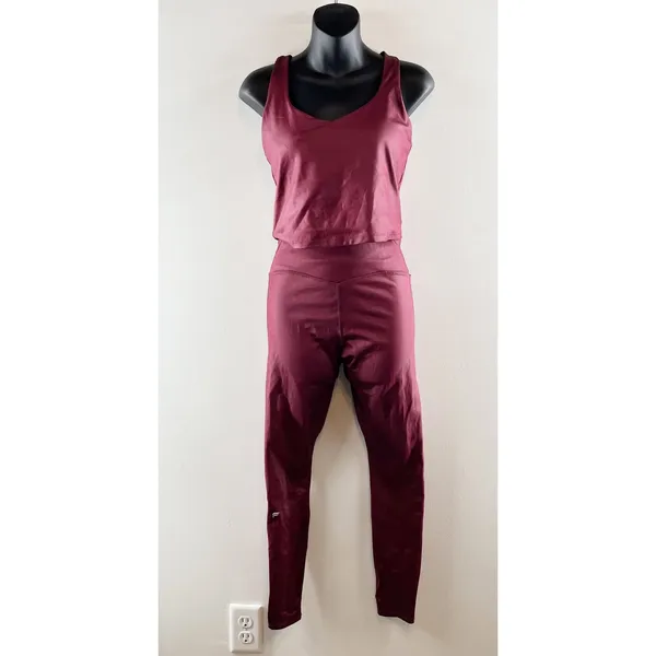 Fabletics Anywhere Shine Leggings Tank Top Matching Set Maroon Small - Image 2