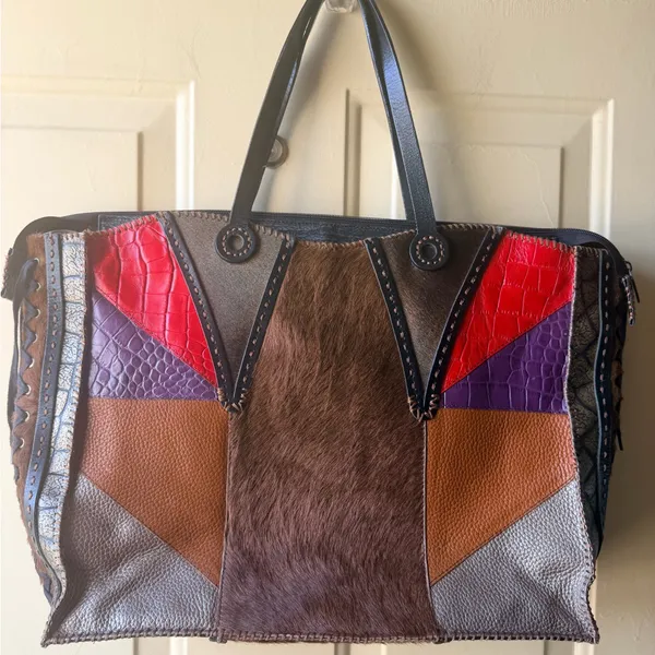 Colorful Patchwork Leather Tote Red - Image 6