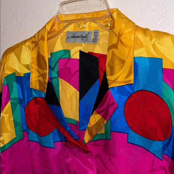 Vintage Adrianna Papell Bright Short Sleeve Silk Blouse Vibrant Blouse Retro - Image 4