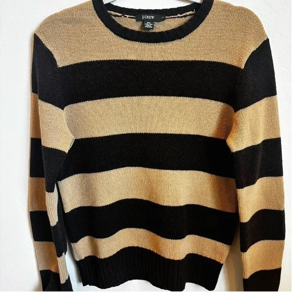 vintage 90s fall wool chocolate brown tan J.Crew Striped Sweater Elbow Patch Black - Image 4