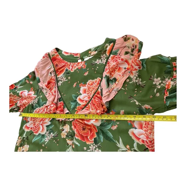 FARM Rio Anthropologie Elinor Tunic Dress Green‎ & Pink Floral Ruffle Size M - Image 9