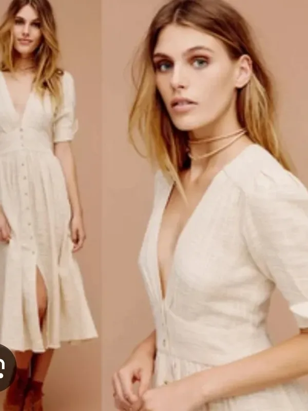 Free People Cream Button-Down V-Neck Midi Dress Large - Image 2