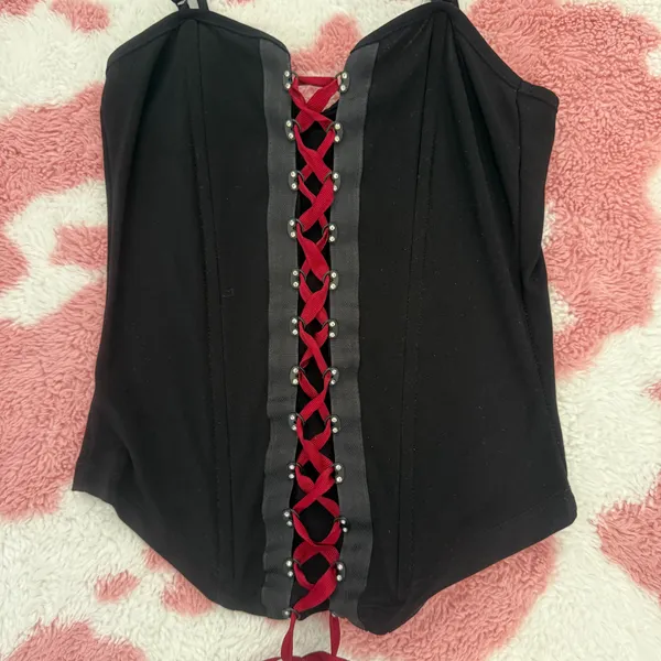 Y2K Black Corset Cami Top Small Goth Coquette Lace Up Bustier Red Ribbon Boned Fairy Grunge Alt Clubwear - Image 2