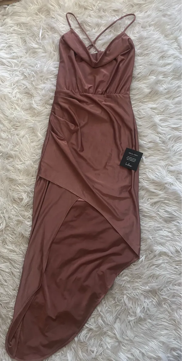 Lulus XS Brown Satin Polyester Cowl Neck Slip Maxi Dress Asym Hem Slit - Image 2