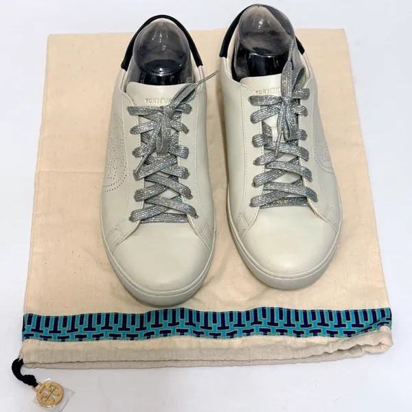 Tory Burch Leigh Sneaker Ivory White Leather Silver Glitter Lace 9.5M 83603 - Image 3