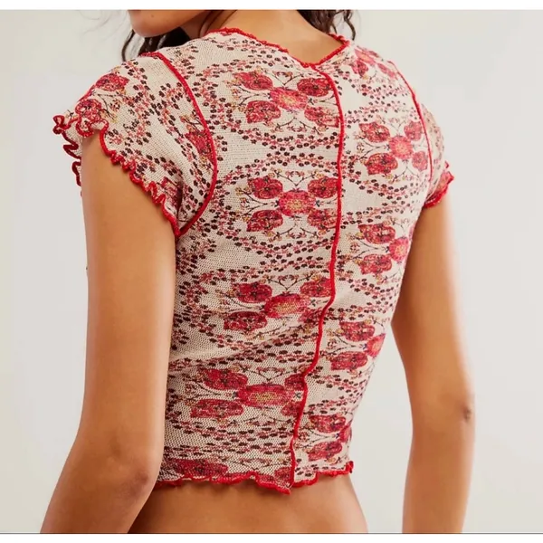 Free People Oh My Baby Mesh Tee L NWOT Sheer Y2K Fairy Grunge Top Red Floral - Image 2