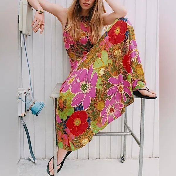 Zara Floral Special Edition Printed Maxi Dress Sleeveless Pink Green Red Small - Image 2