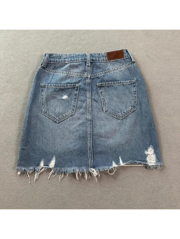 Hollister Ultra High Rise Distressed Denim Mini Skirt Y2K Blue Jean Raw Hem 1 25 - Image 2