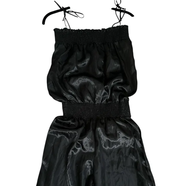 Vintage Black Satin Jumpsuit Smocked Waist Palazzo Leg Minimalist Cocktail Party - Image 3