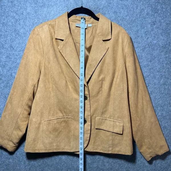 Studio Works Womens Camel Tan‎ Faux Suede Two Button Blazer Jacket Size 14 - Image 3