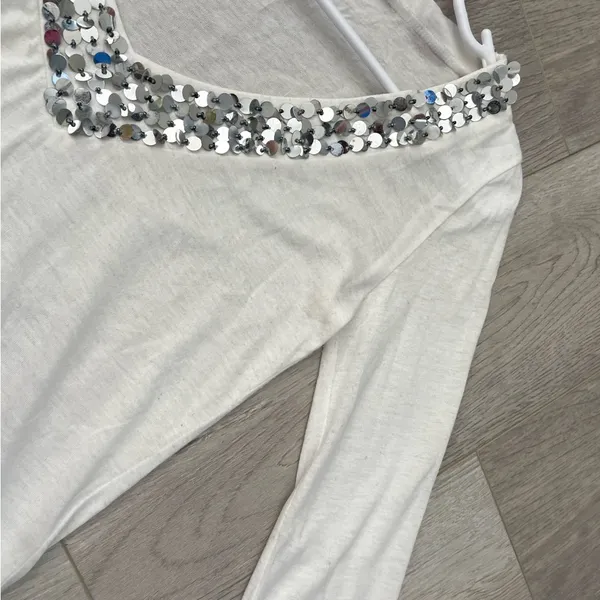 Abercrombie & Fitch Top sequin v neck long sleeve womens White (small) vintage - Image 5
