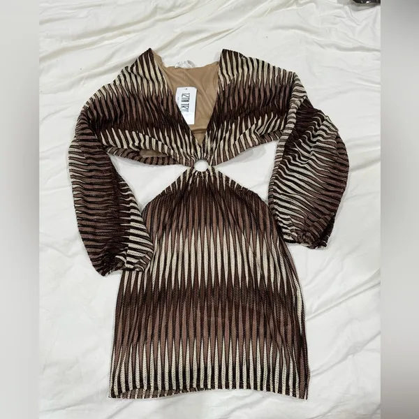 12th Tribe Brown Striped Mini Dress with Cutouts - Image 3