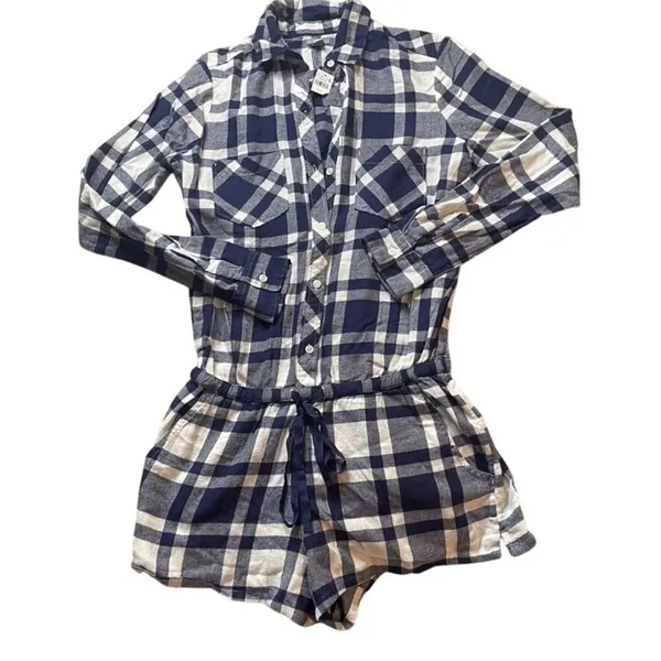 Aerie Blue White Plaid Romper Long Sleeve Button Up XS NWT 9197-890 - Image 2