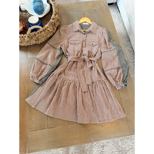 Pearl By Lela Rose Checked Seersucker Shirt Dress Womens Brown Size L - Image 4