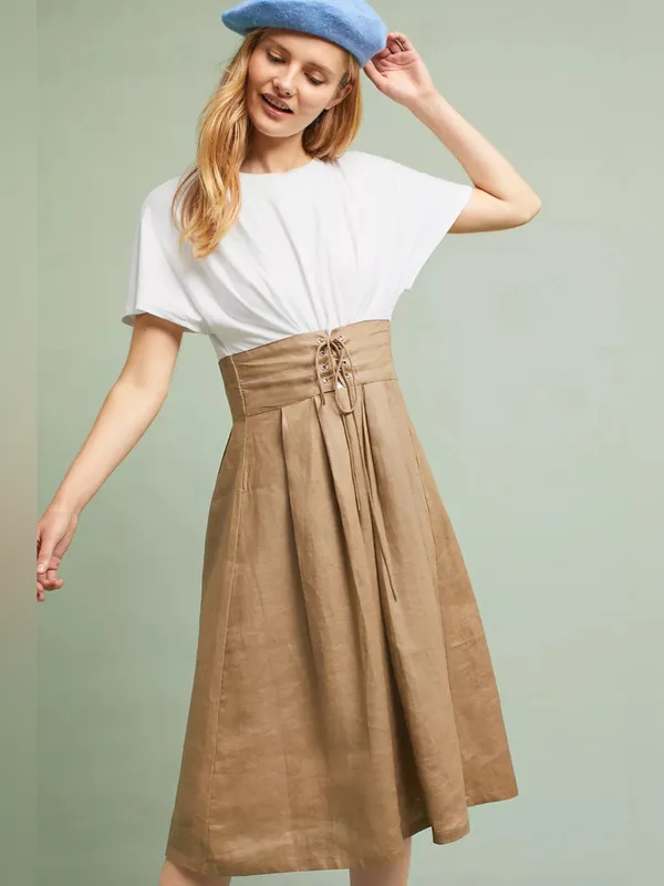 Eri + Ali Grace Corset Midi Dress Small Anthropologie Linen Cotton Lace Up Waist - Image 2