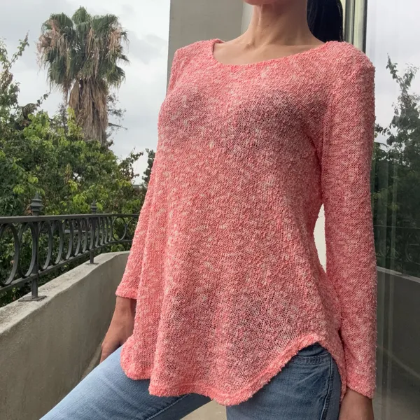Soft Coral Pink Bouclé Open Knit Sweater Top Romantic Beachy Lightweight Long Sleeve - Image 2