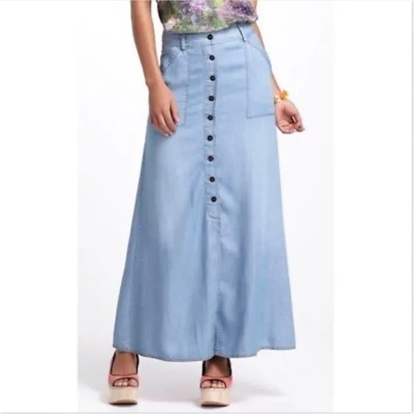 ANTHROPOLOGIE Holding Horses Chambray Denim Button Front Maxi Skirt size 2 - Image 3