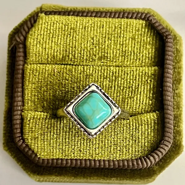 Bohemian Style Turquoise Square Titanium Steel Statement Ring Size 6 Blue - Image 2