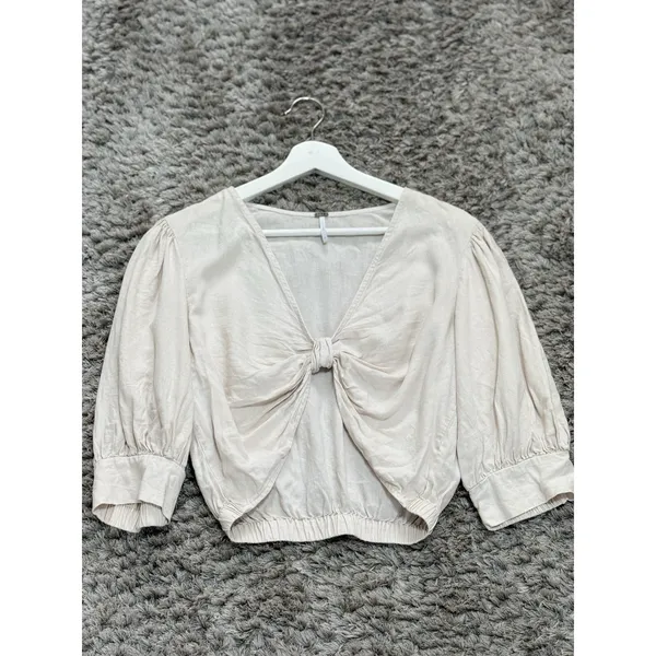 YFB Young Fabulous Broke Women Miranda Linen Blend Knot Crop Top Oatmeal Beige M - Image 6