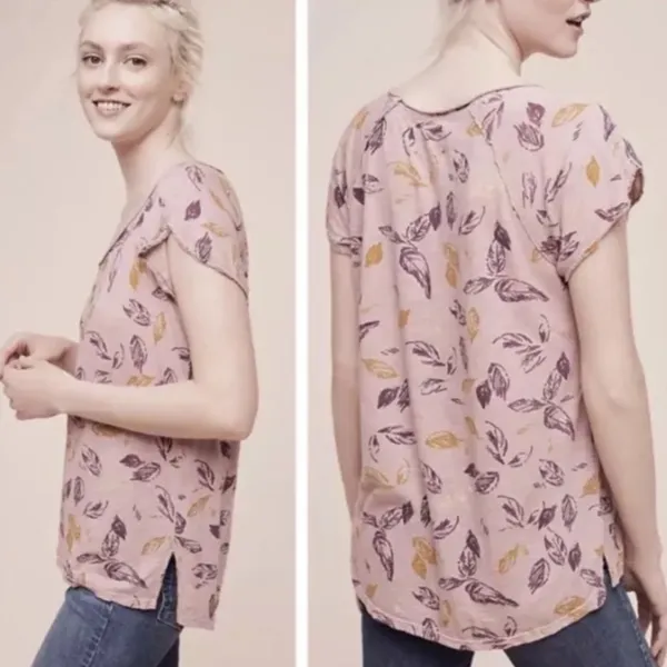 T La Anthropologie Sylvan Flutter Sleeve Tee Shirt Top Pink Floral Size Small - Image 2
