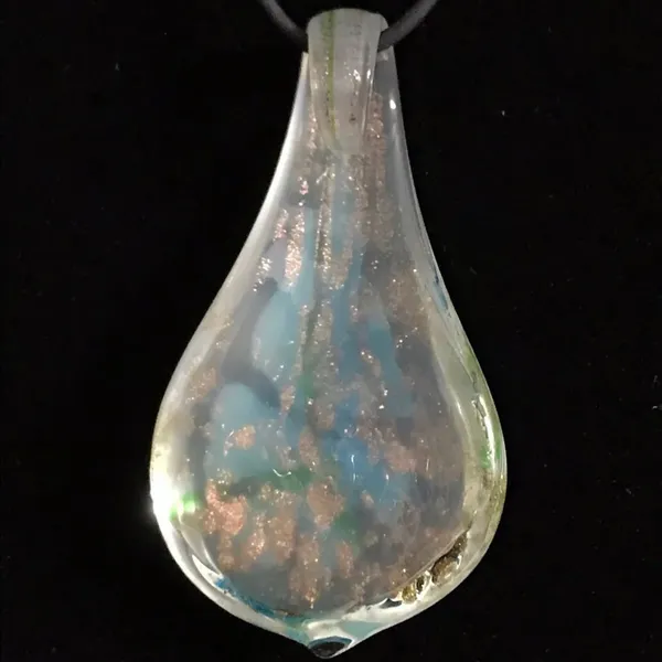 Opaque Gold& Blue Flower Glass Pendant Rubber Cord Necklace With Extend New - Image 3