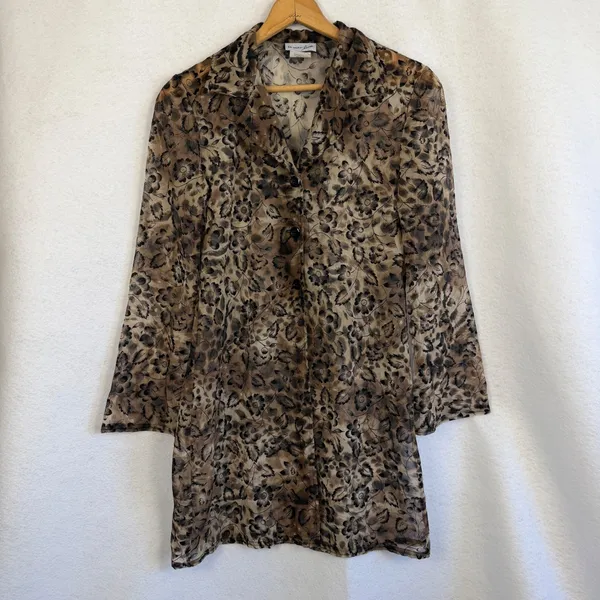 Vintage 90's Breakin Loose Sheer Floral Leopard Print‎ Duster Brown Black 5/6 - Image 6
