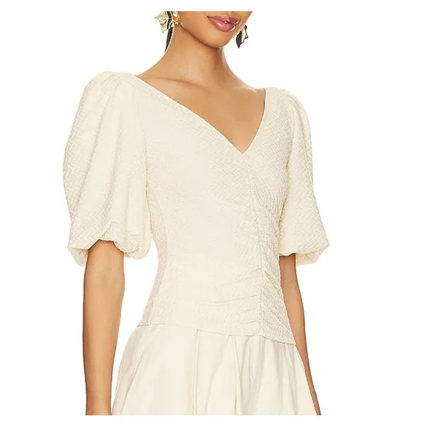 Free People Cupcake Ruched Textured Jersey Puff Sleeve V-Neck Blouse Ivory XS - Image 2