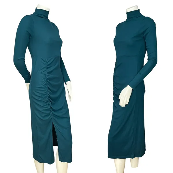 Mast & Harbour Dress Bodycon Ruched Midi Teal Green‎ Size Small Women Side Slit - Image 5