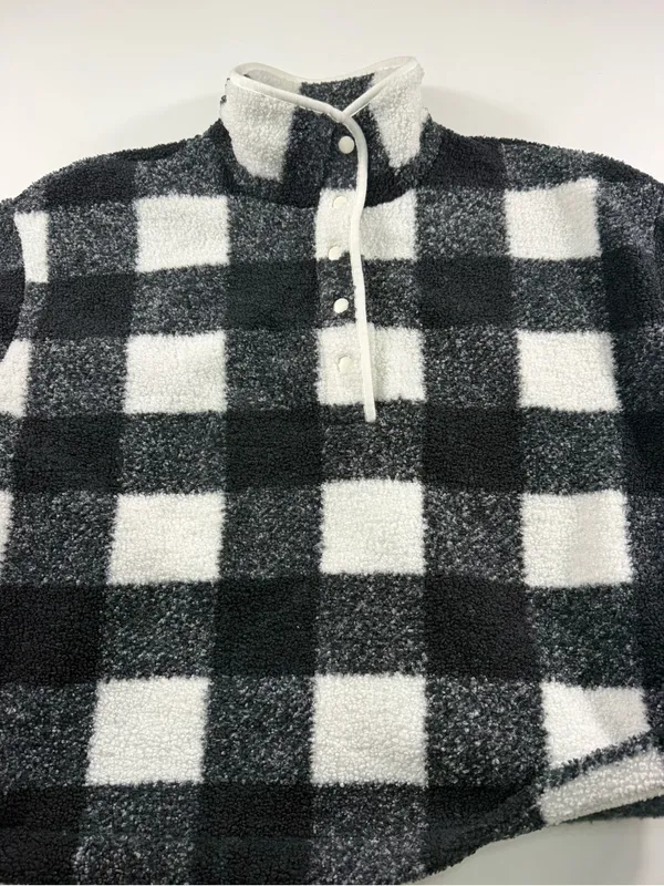 LOFT Black & White Buffalo Check Teddy Pullover Jacket - Image 8