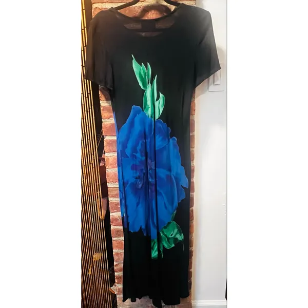 Vintage 90s Jeffrey & Dara Floral Maxi Dress Black with Blue Flower Large - Image 4