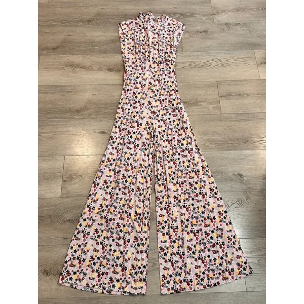Free People Vibe Check Floral Wide Leg Jumpsuit‎ Mock Neck Tie Waist Medium M - Image 2