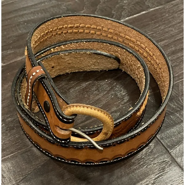 Womens 36"‎ Western Leather Belt Brown Braided Tooled Basketweave Buckle Cowgirl - Image 2