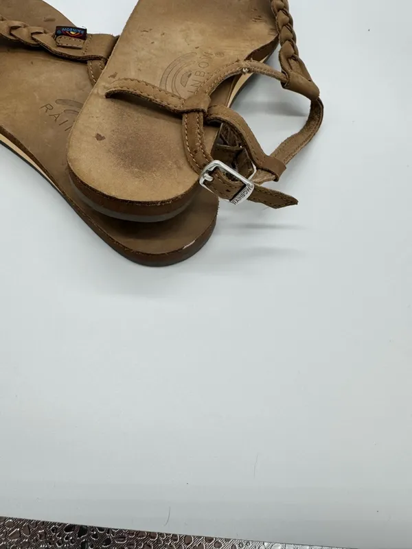 Rainbow Tan Braided Leather Toe-Post Sandals for Women - Image 3