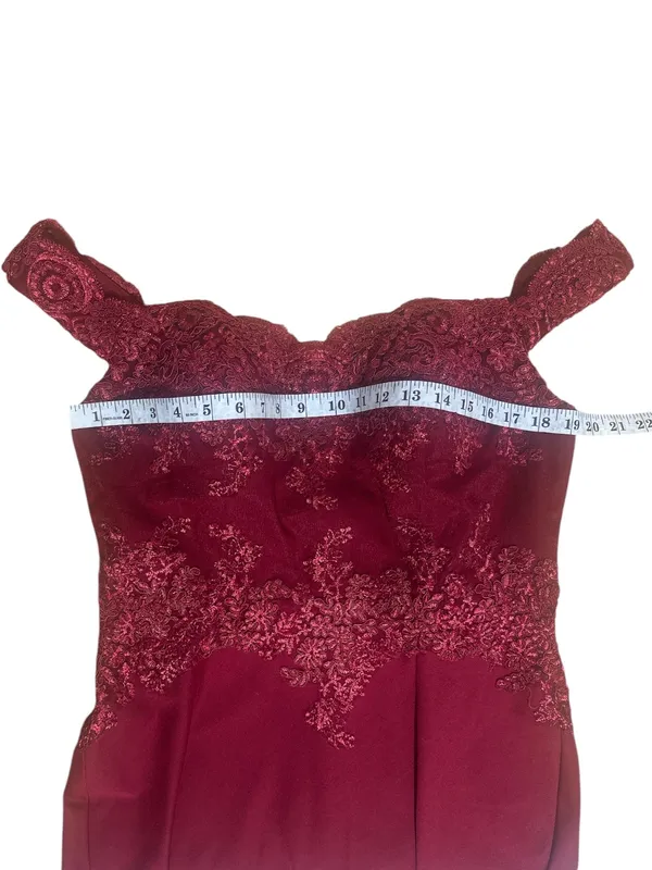 Cinderella Divine BurgundyLace Off Shoulder Prom DressGown L Slit Formal - Image 4
