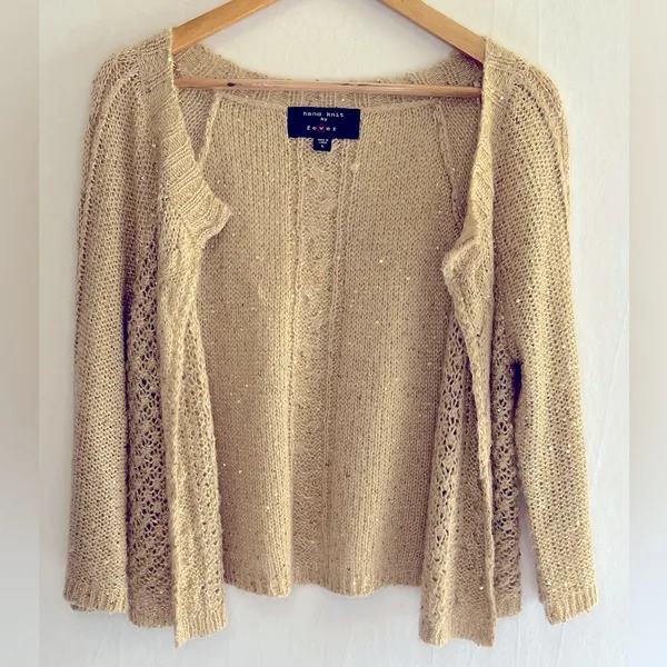 Fever Women’s Hand Knit Beige Sequin Cottagecore Casual Cardigan Size L - Image 5