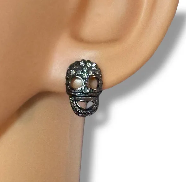 Silver tone pave skull post earrings - Image 2
