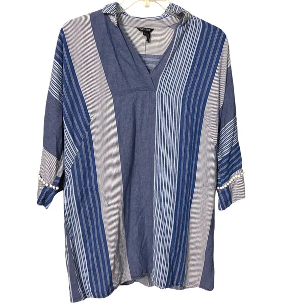 NIC+ZOE Linen Blend Striped Tunic Top Mini Dress Large Blue White Pom Trim - Image 8